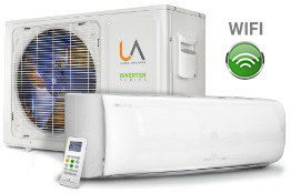 Unidad interior y unidad exterior (condensadora) del Minisplit INVERTER SERIES de UA United Appliances en color blanco. Incluye el control remoto al frente y el sello "100% WiFi", destacando la conectividad y la eficiencia energética.